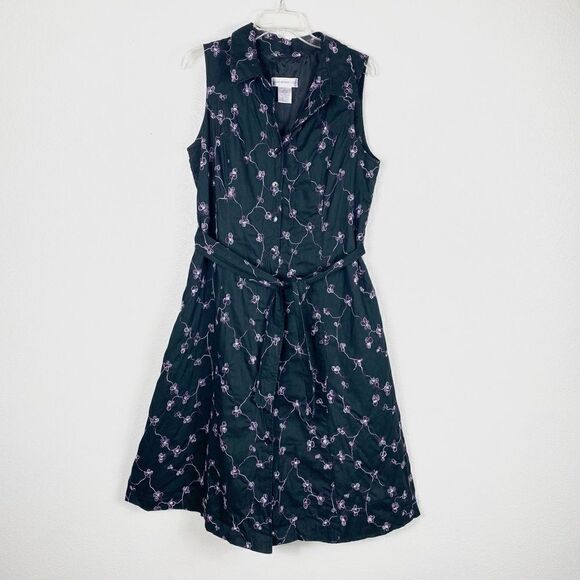 Vintage Black & Purple Floral Embroidered Belted Midi Dress - Picture 3 of 7